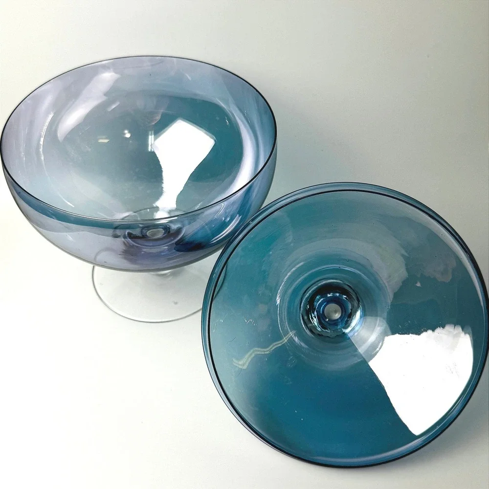 Vintage Empoli Style Blue Blown Glass Covered Compote Pedestal Candy Dish MCM